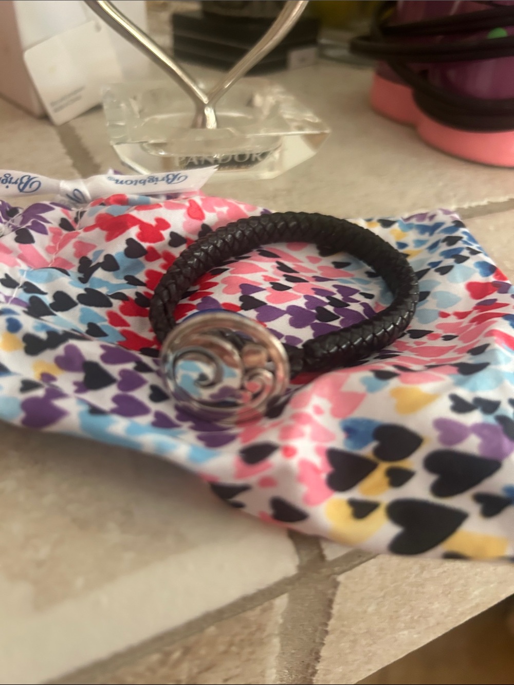 Brighton Black Braided Leather Bracelet with Silver Swirl Snap